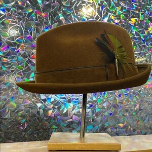 Brown Fedora Hat with Feather Accent